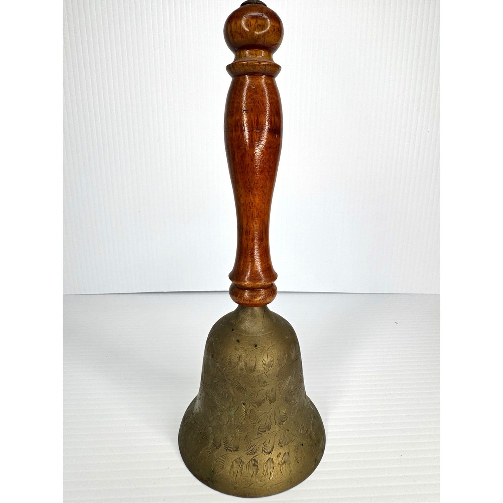 Vintage BRASS TITAN Marked Brass School Hand Bell w/ Wooden Handle 10"